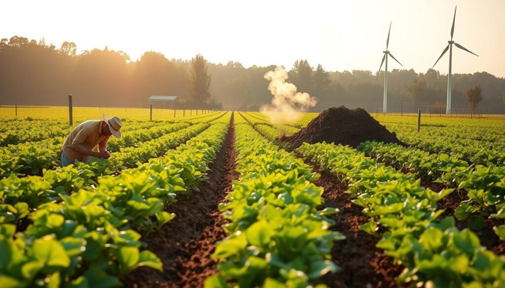 A lush, verdant field with rows of thriving crops and vibrant green foliage. In the foreground, a farmer carefully inspects the soil, examining the texture and structure. In the middle ground, a compost pile stands, steam rising from the decomposing organic matter. In the background, a windmill slowly turns, harnessing renewable energy to power the irrigation system. The scene is bathed in warm, golden light, conveying a sense of harmony and sustainability. The overall mood is one of balance, where nature and human stewardship work in concert to promote soil health and nutrient management.