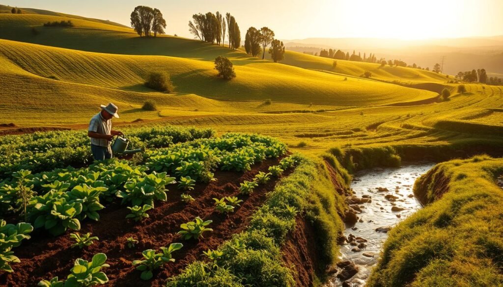 A lush, verdant landscape with rolling hills and a gently flowing stream, bathed in warm, golden sunlight. In the foreground, a farmer carefully tends to a flourishing vegetable garden, meticulously managing the soil's moisture content with a watering can. Surrounding the garden, rows of healthy, vibrant crops sway gently in a light breeze. In the middle ground, a series of intricate irrigation channels and terraces guide the water flow, ensuring even distribution and optimal soil absorption. The background features a distant, idyllic horizon, with towering trees and a clear, azure sky, creating a serene and harmonious atmosphere that promotes soil health and sustainable agriculture.