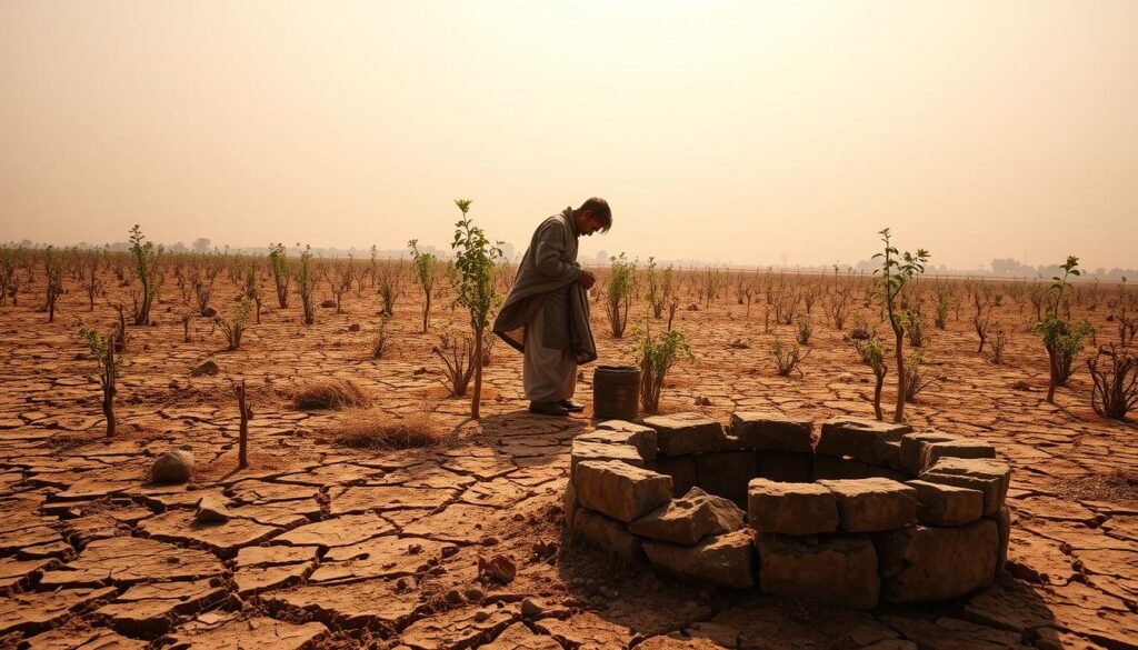 A desolate landscape, parched and cracked earth stretching to the horizon, scorching sun beating down relentlessly. In the foreground, a small, dried-up well, its crumbling walls a stark reminder of the dwindling water resources. Withered crops and stunted vegetation struggle to survive, casting long, ominous shadows. The middle ground reveals a farmer, head bowed in despair, surveying the barren field, his once-lush farmland now a testament to the devastating impact of climate change. The background fades into a hazy, dusty sky, devoid of clouds, conveying a sense of hopelessness and the urgent need for action to address the water crisis facing Pakistani agriculture.