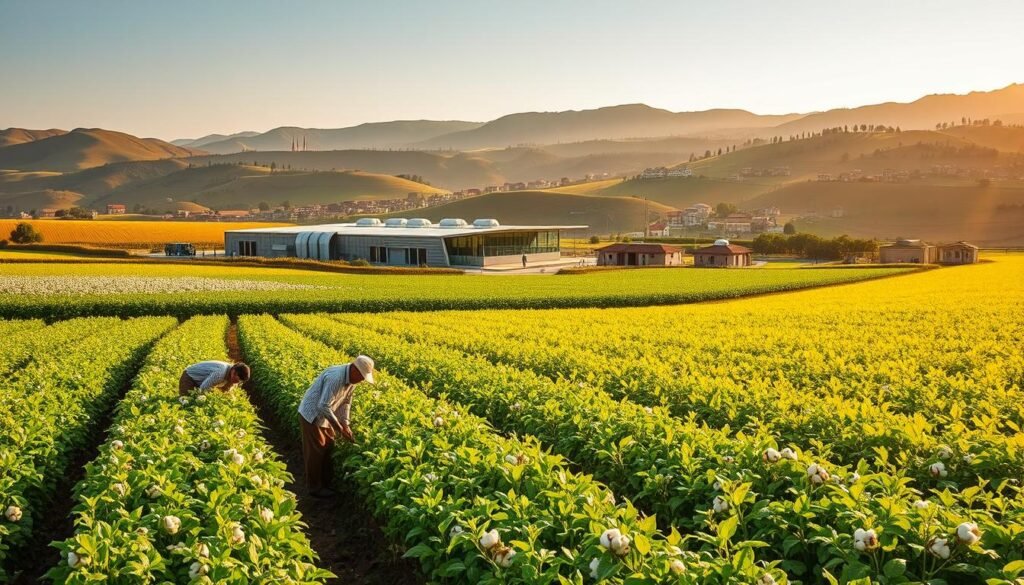 A lush, verdant Pakistani agricultural landscape, bathed in warm, golden afternoon sunlight. In the foreground, a group of farmers tending to vibrant, thriving crops - rows of cotton, wheat, and vegetables stretching out as far as the eye can see. In the middle ground, a modern, state-of-the-art processing facility, its sleek, glass-and-steel architecture contrasting with the pastoral setting. In the background, rolling hills dotted with small villages, their traditional mud-brick homes and minarets standing as a testament to the region's rich cultural heritage. The scene conveys a harmonious blend of traditional farming methods and cutting-edge agribusiness technology, showcasing the success of innovative, sustainable models that are shaping the future of Pakistan's agricultural sector.