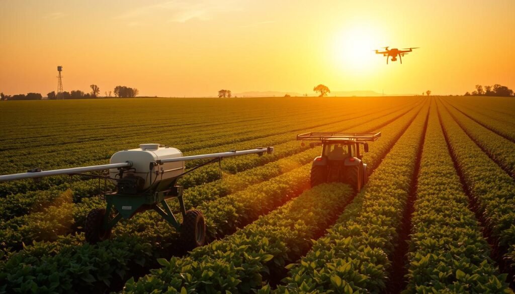 A lush, verdant agricultural field under a warm, golden-hour sun. In the foreground, a high-tech sprayer precisely applies liquid fertilizer, its nozzles precisely calibrated to deliver the optimal dose. In the middle ground, a self-driving tractor tows a specialized spreader, evenly distributing granular nutrients across the soil. In the background, a weather station and drone survey the field, gathering data to fine-tune the precision farming techniques. The scene conveys a sense of technological sophistication seamlessly integrated with sustainable, environmentally-conscious agricultural practices.