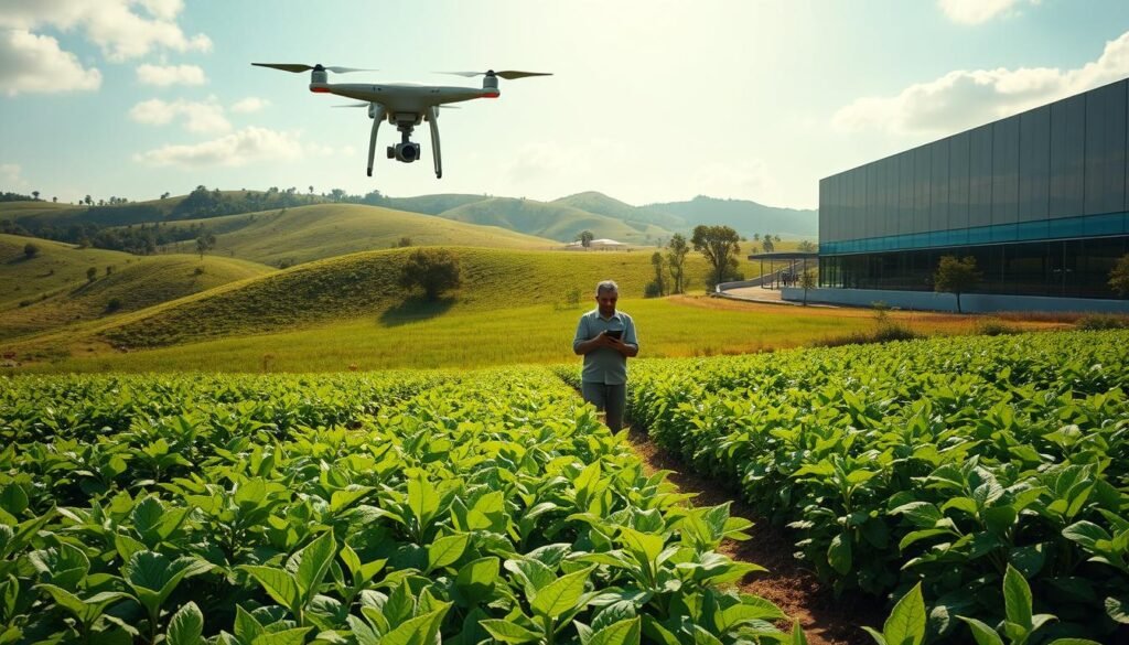 A lush, verdant agricultural landscape in Pakistan, with rolling hills and a vibrant, sun-dappled field in the foreground. In the center, a farmer stands amidst thriving crops, using a tablet to monitor real-time data from IoT sensors. Overhead, a drone surveys the field, its camera capturing aerial imagery for AI-powered analysis. In the background, a modern agricultural processing facility, its sleek, glass-paneled facade reflecting the sky. The scene conveys a harmonious fusion of traditional farming practices and cutting-edge technology, showcasing the transformative potential of AI in overcoming implementation challenges and driving sustainable, data-driven agriculture.