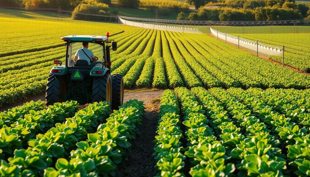 A lush, verdant agricultural landscape with a focus on precision farming techniques. In the foreground, a farmer expertly navigates a high-tech tractor, equipped with GPS guidance and sensors monitoring soil moisture and nutrient levels. The middle ground features rows of neatly arranged crops, their vibrant green leaves glistening under the warm, golden sunlight. In the background, a network of irrigation channels and precision sprinklers ensures efficient water and nutrient delivery. The scene conveys a sense of harmony between technology, nature, and sustainable farming practices, optimizing crop production while minimizing environmental impact.
