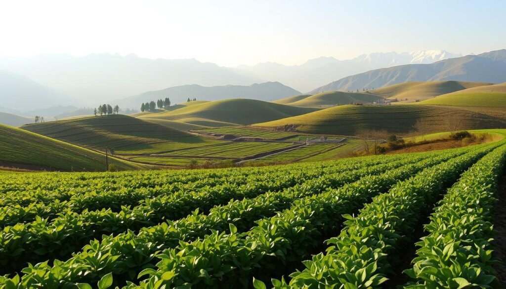 A lush, verdant farm nestled in the rolling hills of Pakistan's countryside. In the foreground, rows of vibrant crops sway gently in the warm breeze, tended by the calloused hands of experienced farmers. The middle ground reveals a small, sustainable irrigation system, its intricate network of channels and reservoirs channeling precious water resources. In the distance, towering mountains rise, their peaks capped with pristine snow, casting a serene, awe-inspiring backdrop. The scene is bathed in soft, golden light, capturing the harmony between nature and human ingenuity. This image conveys the essence of Pakistan's sustainable farming practices, where traditional methods and modern techniques coexist to create a bountiful, environmentally-conscious agricultural landscape.