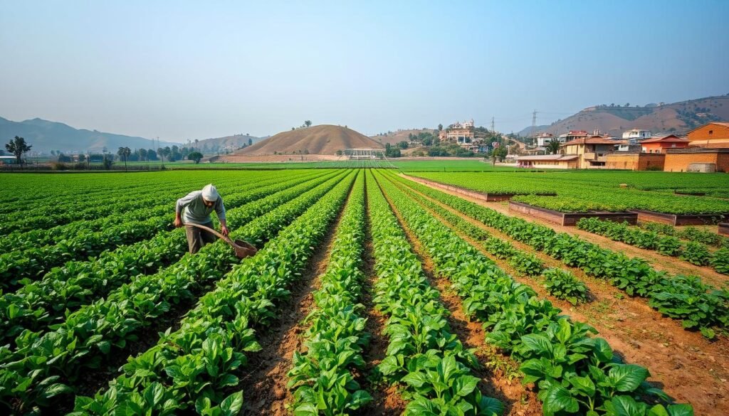 A lush, verdant field stretches out, dotted with rows of thriving crops. In the foreground, a farmer tends to the land, using a traditional hand-operated plow to aerate the soil. The middle ground features several innovative techniques, such as drip irrigation systems delivering water efficiently, and raised garden beds maximizing limited space. In the background, a small village nestles amidst rolling hills, its rooftops reflecting the sun's gentle rays. The scene conveys a sense of harmony between traditional wisdom and modern, climate-smart agricultural practices, offering a promising vision for Pakistan's sustainable future.