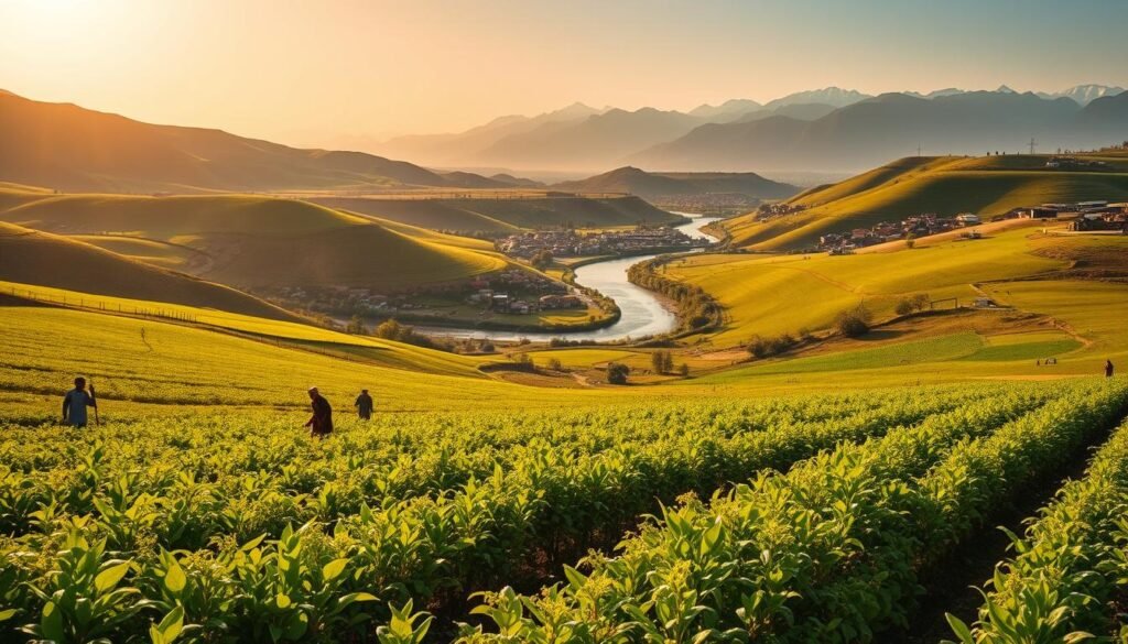 A lush, verdant landscape of rolling hills and fertile fields in Pakistan, bathed in warm, golden sunlight. In the foreground, rows of vibrant crops sway gently in a light breeze, their leaves and stems teeming with life. Scattered throughout the scene, farmers tend to their land, their traditional garments and tools a testament to the region's rich cultural heritage. In the middle ground, a winding river snakes through the landscape, its banks dotted with clusters of small, colorful houses and bustling villages. In the distance, majestic mountains rise up, their snow-capped peaks touching the azure sky. The overall atmosphere conveys a sense of abundance, hard work, and the intricate relationship between the people and the land they cultivate.