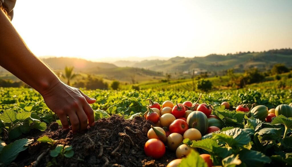 A lush, verdant landscape with rolling hills and flourishing fields of crops. In the foreground, a farmer carefully tends to the soil, their hands calloused and weathered from years of hard work. The middle ground showcases a diverse array of fruits and vegetables, their vibrant colors and shapes conveying the bounty of the land. In the background, a sun-dappled horizon signifies the cycle of life and the importance of sustainable agriculture in ensuring food security. The scene is bathed in warm, golden light, creating a sense of hope and abundance. The overall composition emphasizes the interconnectedness of the natural world, the human element, and the crucial role that agriculture plays in nourishing and sustaining communities.