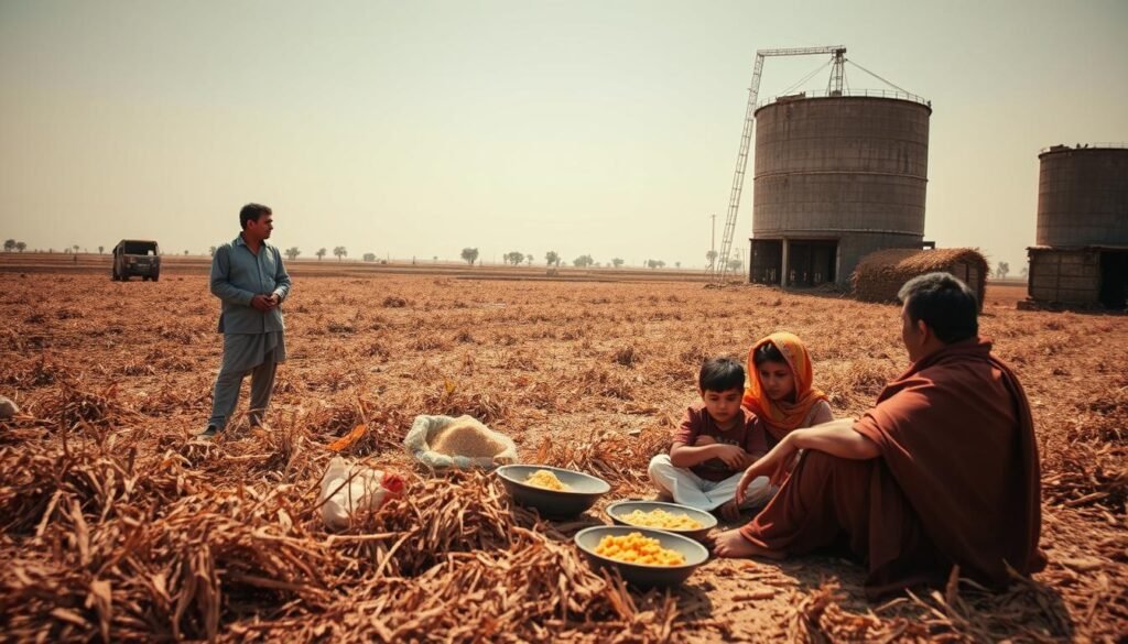 A rural Pakistani landscape, sun-drenched and parched, with fields of withered crops and a lone farmer surveying the devastation. In the middle ground, a family gathers around a meager meal, their expressions etched with concern. In the background, a dilapidated storage silo, a symbol of the country's struggle to ensure food security. The scene is bathed in a warm, muted palette, evoking a sense of desperation and the urgent need to address the agricultural challenges facing Pakistan.