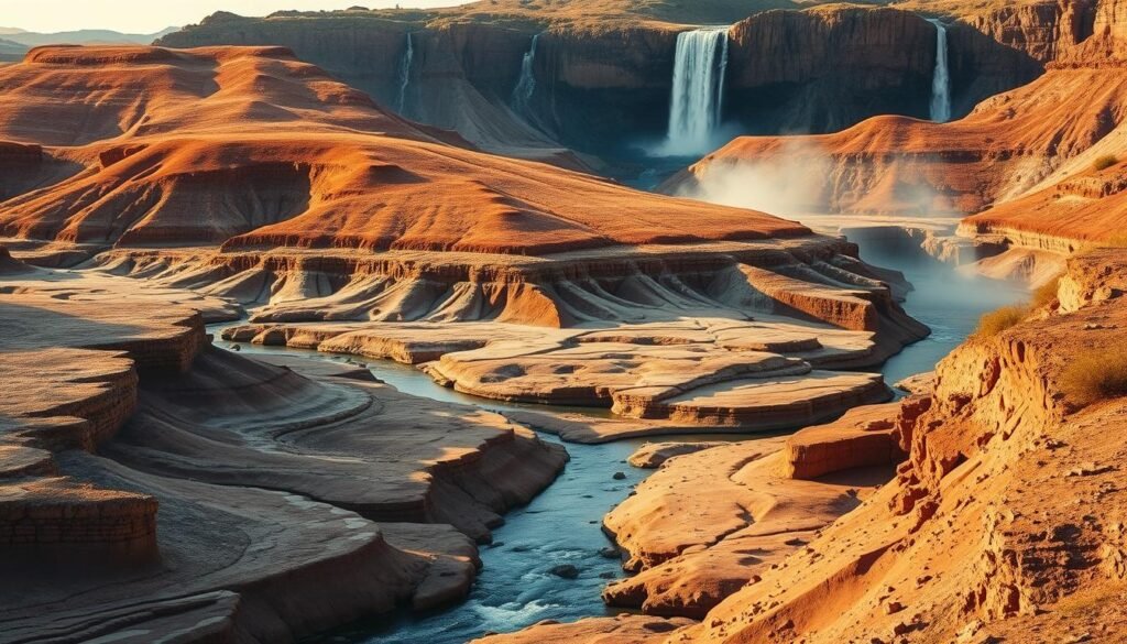 A scenic landscape showcasing the common types of water erosion. In the foreground, a gently flowing river carves deep channels through the soft sedimentary rock, creating a winding network of canyons and ravines. The middle ground features a sloping hillside, where sheets of water have stripped away the topsoil, leaving behind a patchwork of exposed bedrock and gullies. In the background, a towering waterfall cascades down a sheer cliff face, gradually wearing away the stone and forming a wide, shallow basin at its base. The scene is bathed in warm, golden sunlight, casting dramatic shadows and highlighting the varied textures of the eroded landscape. The overall mood is one of natural, geological processes unfolding over vast timescales.