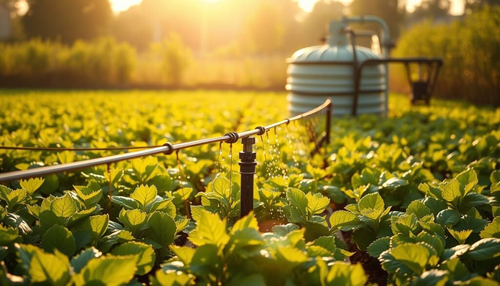 A serene, sunlit field of lush, verdant crops, with a focus on various water conservation technologies in the foreground. In the center, a modern drip irrigation system meticulously waters the plants, while in the background, a state-of-the-art rainwater harvesting system collects precious droplets. The scene is bathed in warm, golden light, conveying a sense of sustainability and harmony between agriculture and the environment. The camera angle is slightly elevated, providing a comprehensive view of the sustainable farming practices at work.