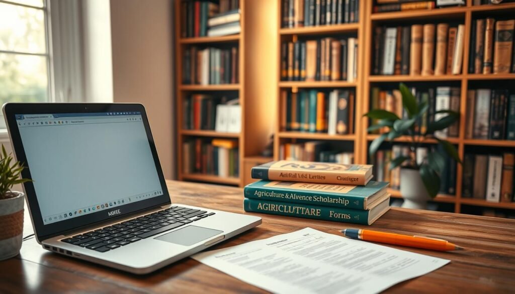 A serene, well-lit workspace with a laptop, some agriculture textbooks, and a hand-written application form on a wooden desk. In the background, a bookshelf filled with relevant agriculture and scholarship guides. Warm, natural lighting from a nearby window casts a soft glow across the scene. The overall atmosphere is one of focus, dedication, and a sense of purpose in the process of applying for an agriculture scholarship.