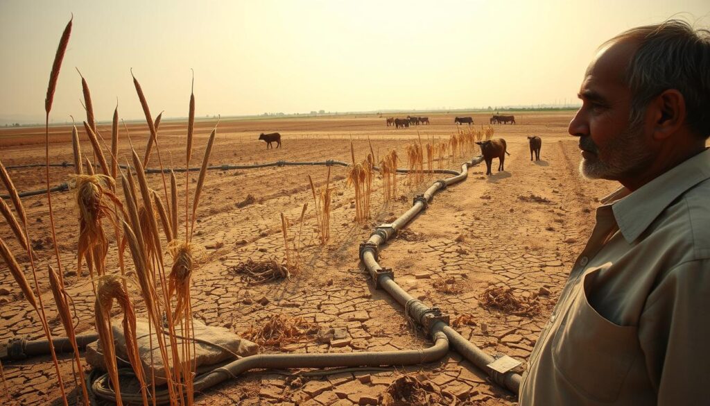 A sprawling Pakistani farmland, parched and barren, under a scorching midday sun. In the foreground, a farmer surveys his withered crops, brow furrowed with worry. Tall, sun-bleached stalks stand in stark contrast to the cracked, dusty soil. The middle ground reveals an irrigation system in disrepair, pipes and channels clogged with debris. In the distance, a hazy horizon is dotted with the silhouettes of struggling livestock, their ribs visible through thinning coats. The mood is one of desperation, a stark reminder of the pressing agricultural challenges facing this region.