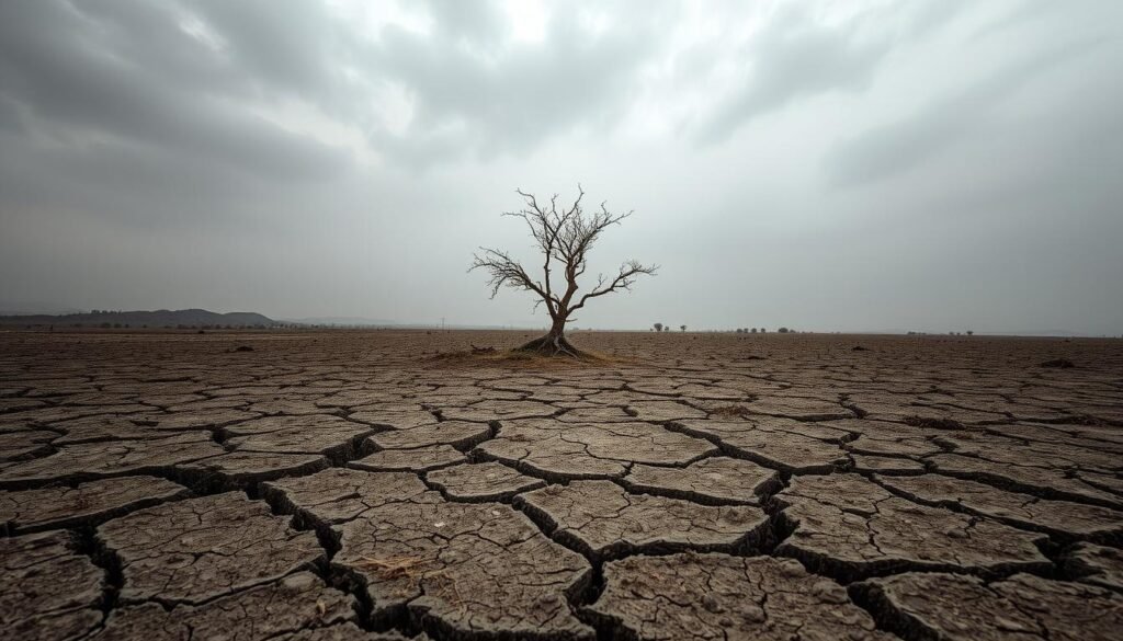 A sprawling, desolate landscape under a grim, overcast sky. In the foreground, cracked, parched earth with sparse, withered vegetation. Subtle cracks and fissures crisscross the ground, hinting at the degradation of soil structure. In the middle ground, a lone, stunted tree struggles to take root, its branches reaching skyward in a futile attempt to find nourishment. The background is shrouded in a hazy, monochromatic palette, evoking a sense of environmental distress and the far-reaching impacts of climate change. The scene is captured with a wide-angle lens, emphasizing the scale and severity of the issue. The overall mood is one of bleakness and uncertainty, underscoring the detrimental effects of climate change on soil health.