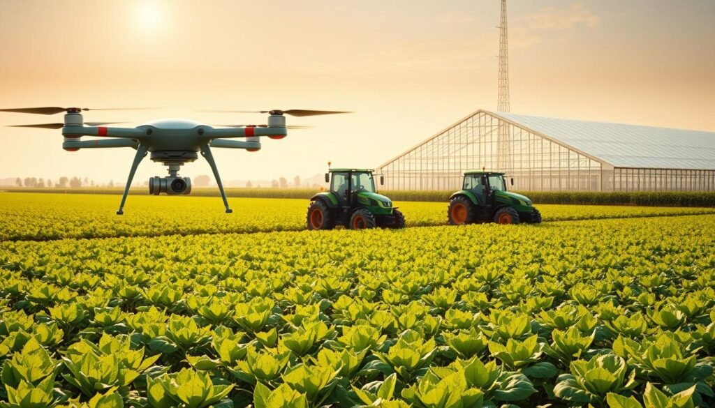A vibrant, photorealistic landscape depicting the integration of AI technology in modern agriculture. In the foreground, an autonomous agricultural drone hovers over a lush, verdant field, its cameras and sensors meticulously scanning the crops. In the middle ground, a sleek, futuristic tractor navigates the rows, guided by precision GPS and machine learning algorithms. In the background, a state-of-the-art greenhouse stands tall, its climate and irrigation systems controlled by a sophisticated AI-powered system. The scene is bathed in warm, golden sunlight, conveying a sense of progress, efficiency, and sustainable innovation transforming the agricultural industry.