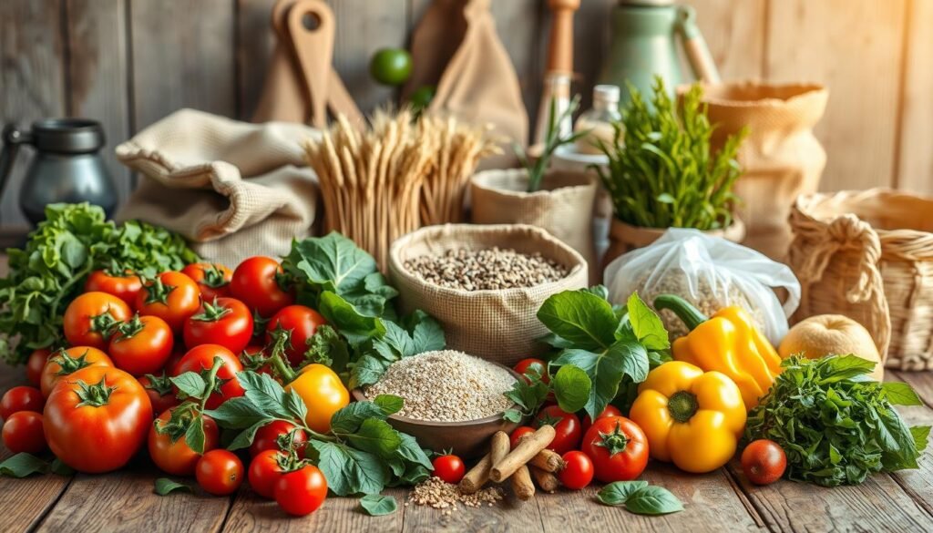 A well-lit, high-resolution photograph of a diverse array of low-carbon agricultural products artfully arranged on a natural wood surface. In the foreground, organic vegetables such as heirloom tomatoes, leafy greens, and colorful peppers. In the middle ground, sustainable grains like quinoa and barley, alongside reusable burlap sacks. The background features eco-friendly farming tools and equipment, with warm, natural lighting accentuating the scene. The overall composition conveys a sense of environmental responsibility, innovation, and economic opportunity in the field of low-impact agriculture.
