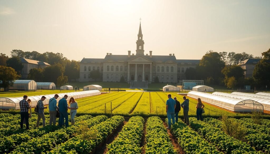 An expansive agriculture university campus, bathed in warm afternoon sunlight. In the foreground, a group of students gathers around a hands-on demonstration of sustainable farming techniques. Lush green fields stretch out in the middle ground, interspersed with modern research greenhouses. In the background, a grand, stately university building stands tall, its architecture a blend of tradition and modernity. The atmosphere is one of intellectual curiosity and a commitment to advancing agricultural innovation. Crisp, high-resolution details capture the vibrant energy of this hub of agricultural education and discovery.