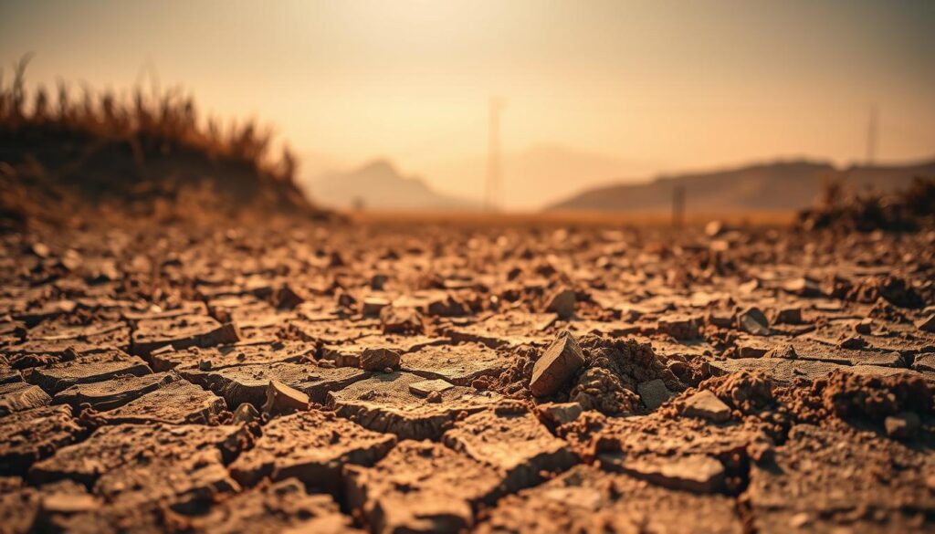 Soil degradation in a Pakistani farmland, sun-parched and cracked earth, broken clumps of dry soil scattered across the foreground, with a hazy, sepia-toned background of withered crops and barren hills. The scene is bathed in warm, low-angle lighting, casting long shadows that emphasize the textures and desolation. The composition has a sense of bleakness and environmental decline, conveying the challenges of sustainable agriculture in the region.