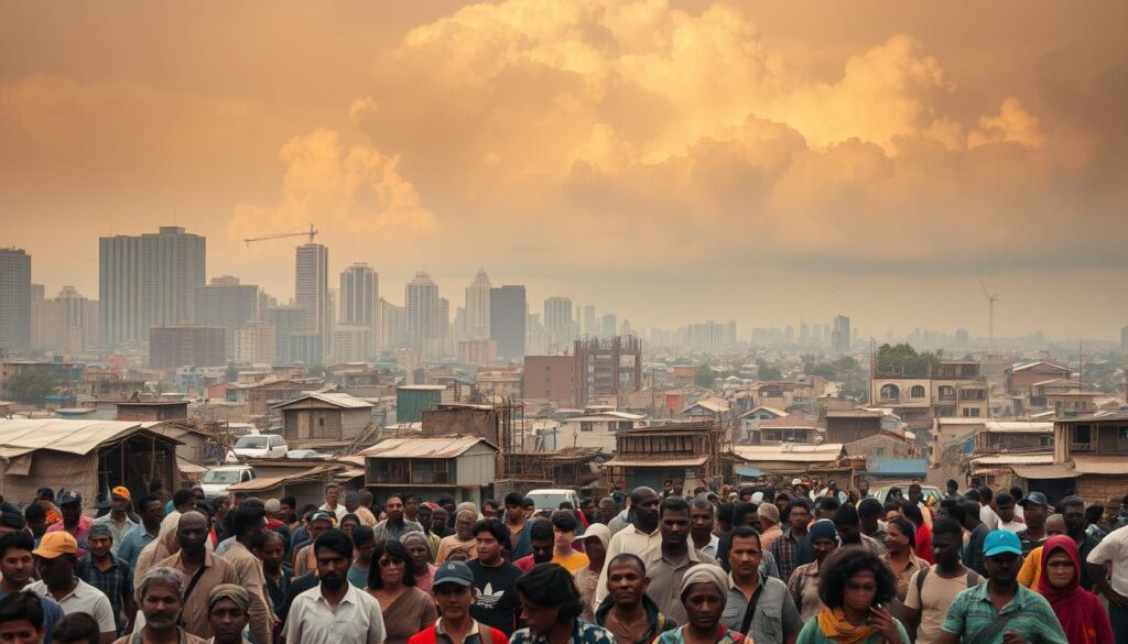 A bustling metropolis against a backdrop of soaring temperatures and rising sea levels, as climate migrants from drought-stricken rural areas seek refuge in the city. In the foreground, a diverse crowd navigates the urban landscape, their faces etched with concern and determination. The middle ground showcases a mix of makeshift shelters, repurposed buildings, and strained infrastructure, hinting at the strain on local resources. In the distance, ominous clouds loom, casting an eerie, unsettling glow over the scene. The overall atmosphere conveys a sense of urgency, resilience, and the pressing need for government action and policy frameworks to address this complex, ever-evolving crisis.