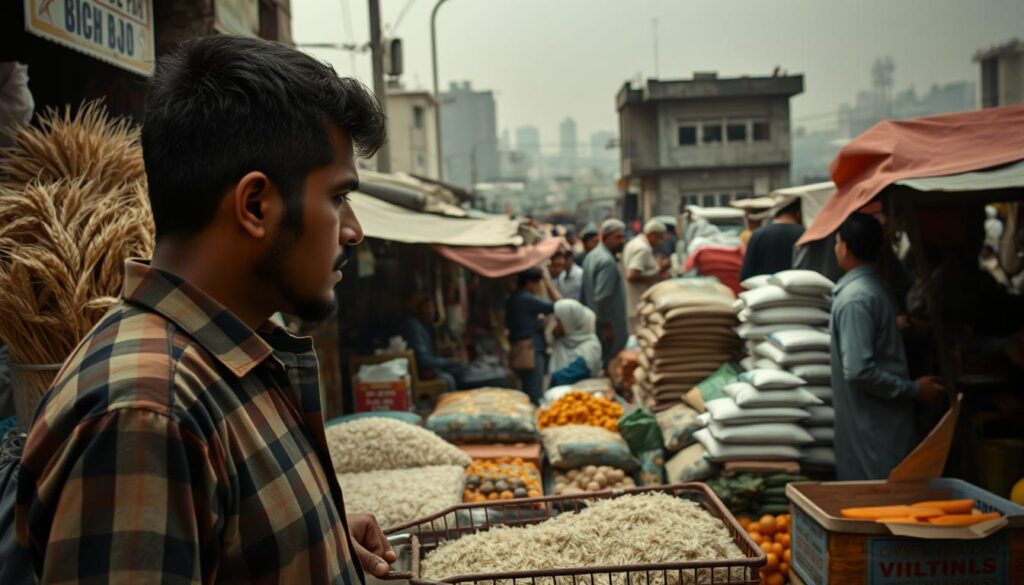 A bustling urban market in Pakistan, 2025. In the foreground, a shopper gazes worriedly at the high prices of basic food staples - wheat, rice, and produce. The middle ground depicts stalls piled high with meager supplies, vendors anxiously watching as consumers struggle to afford necessities. In the background, a hazy skyline suggests the consequences of climate change and supply chain disruptions, casting a somber tone over the scene. Soft, muted lighting emphasizes the tension and uncertainty, as Pakistani consumers confront the impact of global forces on their daily lives and food security. A bustling urban market in Pakistan, 2025. In the foreground, a shopper gazes worriedly at the high prices of basic food staples - wheat, rice, and produce. The middle ground depicts stalls piled high with meager supplies, vendors anxiously watching as consumers struggle to afford necessities. In the background, a hazy skyline suggests the consequences of climate change and supply chain disruptions, casting a somber tone over the scene. Soft, muted lighting emphasizes the tension and uncertainty, as Pakistani consumers confront the impact of global forces on their daily lives and food security.