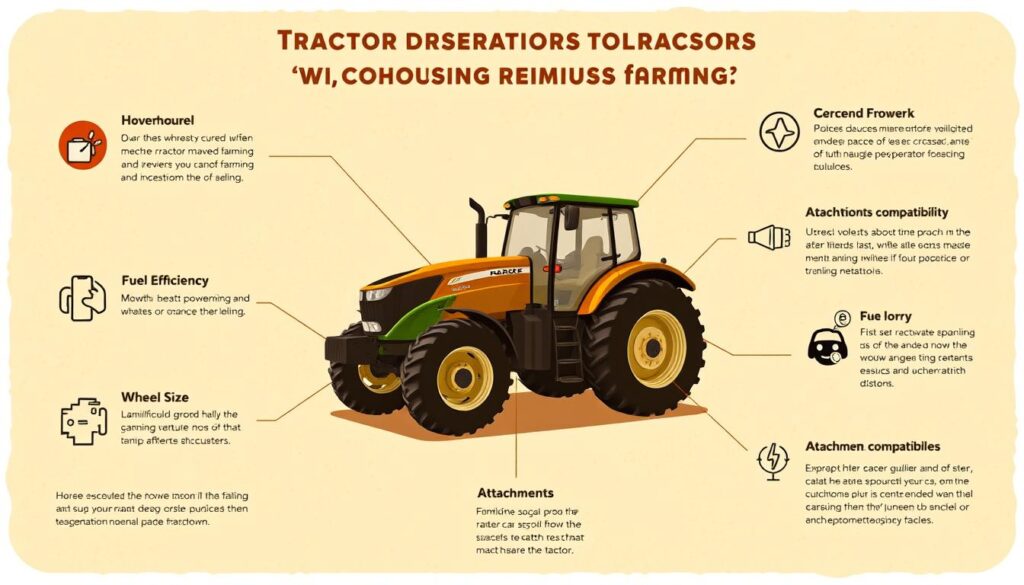 A detailed technical illustration showcasing the key factors to consider when choosing a tractor for small, medium, and large-scale farming operations. Set in a warm, earthy color palette, the image depicts a central tractor surrounded by informative icons and labels highlighting crucial aspects such as horsepower, fuel efficiency, wheel size, and attachments compatibility. The foreground features a well-lit, high-resolution render of the tractor from a slightly elevated angle, allowing viewers to appreciate its design and features. The middle ground includes the supporting icons and labels, while the background features a subtle, textured pattern suggesting a rustic, agricultural setting. The overall composition conveys a sense of practicality, functionality, and attention to detail, making it an informative and visually appealing reference for prospective tractor buyers. A detailed technical illustration showcasing the key factors to consider when choosing a tractor for small, medium, and large-scale farming operations. Set in a warm, earthy color palette, the image depicts a central tractor surrounded by informative icons and labels highlighting crucial aspects such as horsepower, fuel efficiency, wheel size, and attachments compatibility. The foreground features a well-lit, high-resolution render of the tractor from a slightly elevated angle, allowing viewers to appreciate its design and features. The middle ground includes the supporting icons and labels, while the background features a subtle, textured pattern suggesting a rustic, agricultural setting. The overall composition conveys a sense of practicality, functionality, and attention to detail, making it an informative and visually appealing reference for prospective tractor buyers.
