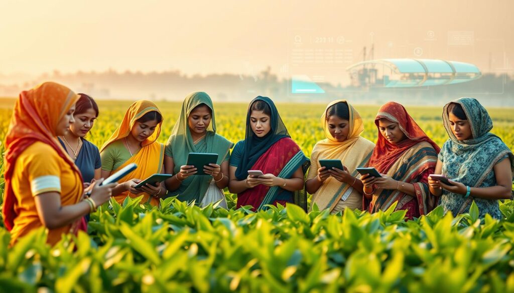 A diverse group of women farmers, dressed in traditional attire, standing amidst a lush, verdant field. In the foreground, they are using digital devices such as tablets and smartphones, immersed in precision farming techniques and data analysis. The middle ground showcases a blend of modern agricultural equipment and traditional farming tools, symbolizing the integration of technology and age-old practices. In the background, a digital landscape unfolds, with holographic displays and futuristic infrastructure, representing the global digital revolution transforming the agricultural sector. Warm, golden lighting illuminates the scene, creating a sense of empowerment and progress.