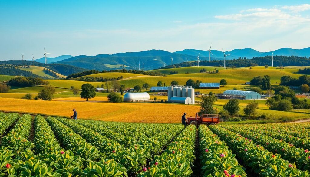 A lush, verdant landscape with rolling hills and a clear blue sky. In the foreground, a diverse array of thriving crops - rows of vegetables, fruit trees, and vibrant flowers. Farmers tend to the land using modern, sustainable farming equipment, while in the middle ground, silos and greenhouses showcase the latest climate-smart agricultural technologies. In the background, wind turbines and solar panels dot the horizon, harnessing renewable energy to power the climate-resilient farm. Warm, golden lighting casts a serene, hopeful atmosphere over the scene, conveying the promise of a future where sustainable agriculture and environmental stewardship go hand-in-hand.