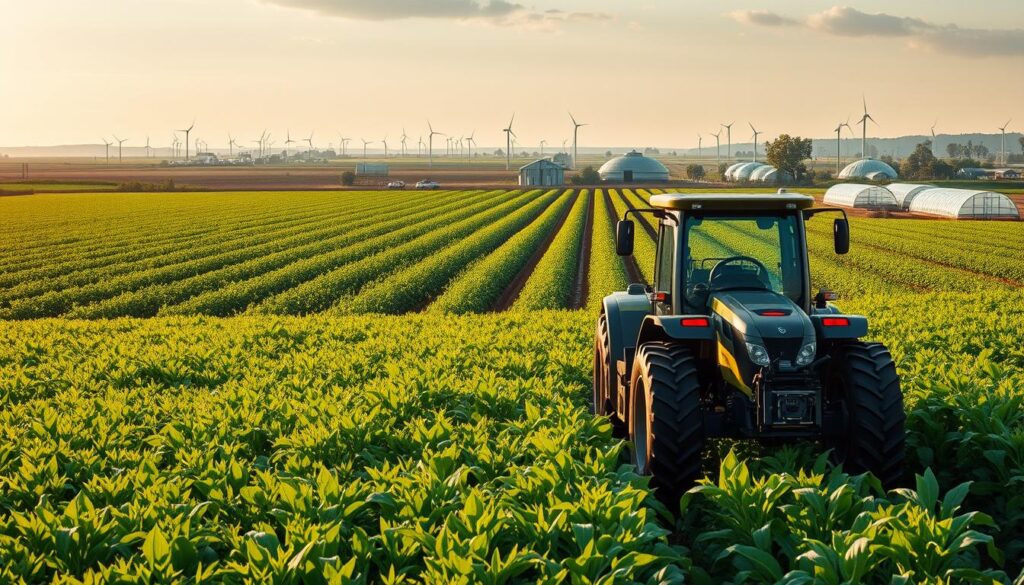 A precision farming landscape showcased in a cinematic, wide-angle composition. In the foreground, a technologically-advanced autonomous tractor navigates a lush, verdant field, its sensors and implements precisely calibrated. In the middle ground, rows of towering, data-enabled crop plants sway gently in the breeze, their health and growth monitored by an array of drones and satellite imagery. The background reveals a horizon dotted with smart greenhouses, renewable energy sources, and a network of IoT-connected infrastructure, all working in harmony to create a climate-resilient, data-driven agricultural ecosystem. Warm, golden afternoon light bathes the scene, emphasizing the blend of natural and technological elements. The overall mood is one of progress, efficiency, and environmental stewardship.