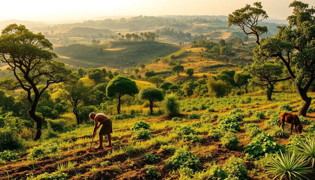 A sprawling agroforestry landscape, lush with verdant trees and vibrant vegetation. In the foreground, a farmer tends to the soil, planting saplings that will grow into towering carbon-sequestering giants. The middle ground showcases a diverse array of crops and livestock, working in harmony to create a self-sustaining ecosystem. In the background, rolling hills dotted with more trees and shrubs, their leaves capturing atmospheric carbon dioxide and converting it into biomass. Warm, golden sunlight filters through the canopy, casting a serene and nurturing atmosphere. The scene conveys the powerful role of agroforestry in mitigating climate change, with the integration of trees, crops, and livestock working in perfect synergy.