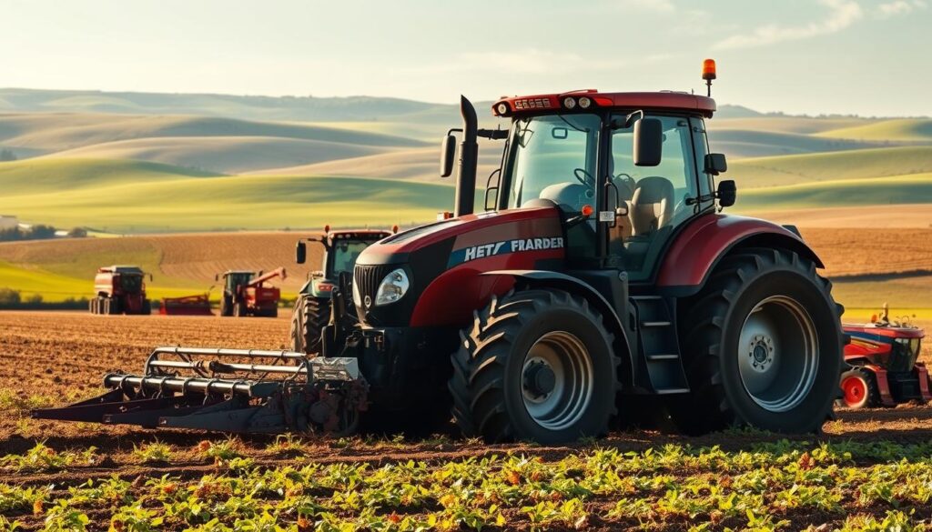 A sprawling farmland landscape, with rolling hills and lush green fields in the distance. In the foreground, a massive tractor, its powerful engine rumbling, prepares to till the soil. The tractor is meticulously detailed, showcasing its size and impressive capabilities. In the middle ground, a variety of farm equipment, from harvesters to plows, stand ready to assist the farmer in their work. The lighting is warm and natural, casting a golden glow over the scene, creating a sense of hard-earned productivity. The composition is balanced, with the tractor and equipment occupying the central focus, while the distant landscape provides a sense of scale and context. The overall mood is one of industrious determination, capturing the essence of modern farming and the tools required to cultivate and maintain a successful agricultural operation. A sprawling farmland landscape, with rolling hills and lush green fields in the distance. In the foreground, a massive tractor, its powerful engine rumbling, prepares to till the soil. The tractor is meticulously detailed, showcasing its size and impressive capabilities. In the middle ground, a variety of farm equipment, from harvesters to plows, stand ready to assist the farmer in their work. The lighting is warm and natural, casting a golden glow over the scene, creating a sense of hard-earned productivity. The composition is balanced, with the tractor and equipment occupying the central focus, while the distant landscape provides a sense of scale and context. The overall mood is one of industrious determination, capturing the essence of modern farming and the tools required to cultivate and maintain a successful agricultural operation.