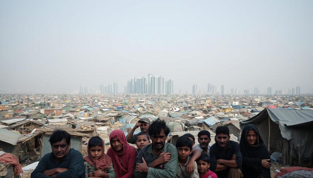A sprawling slum on the outskirts of Karachi, Pakistan, where climate refugees have settled in makeshift shelters. In the foreground, a group of weary adults and children huddle together, their faces etched with the strain of displacement. Dilapidated shacks and tarps stretch out as far as the eye can see, creating a chaotic and cluttered middle ground. In the background, the skyline of Karachi's towering high-rises stands in stark contrast, a symbol of the city's unyielding growth despite the influx of those seeking refuge from the effects of climate change. A somber, muted color palette reflects the dire circumstances, while a harsh, angled lighting casts long shadows, emphasizing the precariousness of their situation.