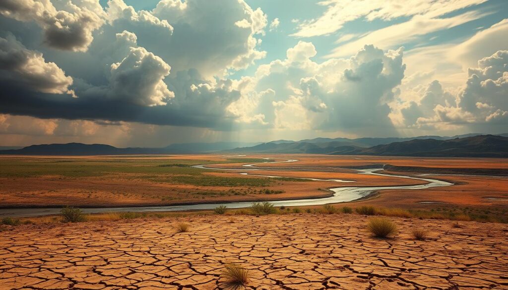 A vast, sprawling landscape where the impact of climate change is palpably felt. In the foreground, a parched, cracked earth with sparse vegetation struggles to retain precious moisture. Towering cumulonimbus clouds loom overhead, their ominous gray hues a stark contrast to the warm, golden sunlight filtering through. Meandering streams and rivers have dwindled to mere trickles, their banks lined with dried sediment. In the distance, rolling hills and mountains stand as silent witnesses to the transformative forces of nature, their once lush greenery faded to muted tones. The scene exudes a sense of urgency, a call to action to address the pressing challenges of water scarcity and shifting rainfall patterns brought on by the climate crisis. A vast, sprawling landscape where the impact of climate change is palpably felt. In the foreground, a parched, cracked earth with sparse vegetation struggles to retain precious moisture. Towering cumulonimbus clouds loom overhead, their ominous gray hues a stark contrast to the warm, golden sunlight filtering through. Meandering streams and rivers have dwindled to mere trickles, their banks lined with dried sediment. In the distance, rolling hills and mountains stand as silent witnesses to the transformative forces of nature, their once lush greenery faded to muted tones. The scene exudes a sense of urgency, a call to action to address the pressing challenges of water scarcity and shifting rainfall patterns brought on by the climate crisis.
