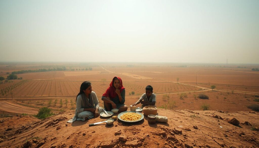 A vast, sun-drenched landscape stretches out, dotted with struggling crops and dwindling water sources. In the foreground, a family gathers around a meager meal, their faces etched with worry. The middle ground reveals parched fields and cracked earth, while the distant horizon is obscured by a hazy, oppressive heat. A sense of unease and uncertainty permeates the scene, capturing the global challenges of food security in 2025 - a world struggling to balance population growth, climate change, and dwindling resources. The composition is cinematic, utilizing a wide, sweeping angle and muted, earthy tones to convey the gravity of the situation. A vast, sun-drenched landscape stretches out, dotted with struggling crops and dwindling water sources. In the foreground, a family gathers around a meager meal, their faces etched with worry. The middle ground reveals parched fields and cracked earth, while the distant horizon is obscured by a hazy, oppressive heat. A sense of unease and uncertainty permeates the scene, capturing the global challenges of food security in 2025 - a world struggling to balance population growth, climate change, and dwindling resources. The composition is cinematic, utilizing a wide, sweeping angle and muted, earthy tones to convey the gravity of the situation.