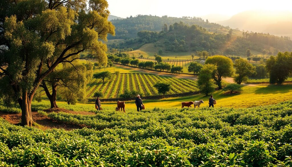 A vibrant, panoramic view of agroforestry in the rural landscapes of Pakistan. In the foreground, lush greenery of diverse crops intertwined with towering trees, casting dappled shadows. Farmers tend to their fields, baskets in hand, as livestock graze peacefully. The middle ground reveals rows of fruit trees, their branches heavy with ripe produce. In the distance, undulating hills are adorned with dense forests, the sun's golden rays filtering through the canopy. The scene is illuminated by warm, diffused lighting, captured with a wide-angle lens to emphasize the depth and scale of this integrated, sustainable agricultural system. An atmosphere of harmony, productivity, and environmental stewardship pervades the image, reflecting the essential role of agroforestry in Pakistan's rural communities.