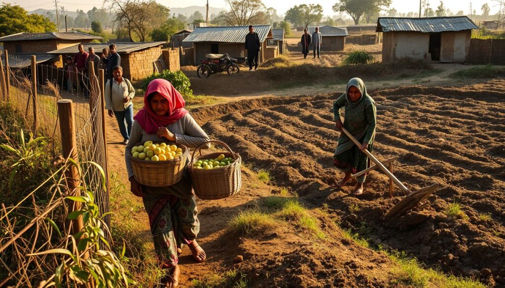 A village landscape in rural Pakistan, with women facing various obstacles in their agricultural work. In the foreground, a woman struggles to carry heavy baskets of produce, her path blocked by a fence and overgrown weeds. In the middle ground, another woman tills the soil with a traditional hand-held plow, her progress hindered by the uneven, rocky terrain. In the background, a group of men oversee the operations, highlighting the gender imbalance in decision-making roles. The scene is bathed in warm, golden light, casting long shadows and creating a sense of hardship and perseverance. The overall mood is one of resilience in the face of systemic challenges.