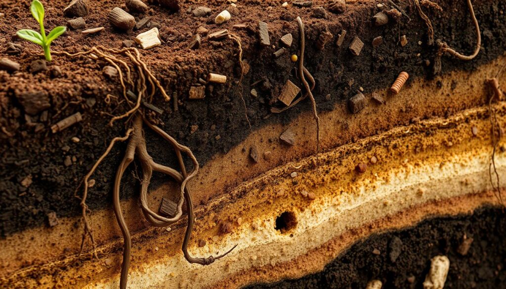 Detailed cross-section of fertile soil texture, showcasing diverse layers and components. Rich, dark topsoil blending into lighter subsoil, with visible organic matter, mineral particles, and microbial life. Roots and underground structures winding through the earthy composition. Warm, natural lighting illuminates the intricate soil profile, highlighting its complex structure and potential for abundant plant growth. Crisp, high-resolution rendering captured with a macro lens, emphasizing the nuanced details that contribute to overall soil fertility.