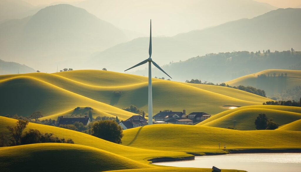 Lush, verdant landscape with rolling hills and a pristine lake in the foreground. In the middle ground, a sleek, modern wind turbine stands tall, its blades gently spinning to harness the abundant renewable energy. The background features a quaint village nestled among the hills, its buildings adorned with solar panels that glisten in the warm, golden sunlight. The scene exudes a sense of tranquility and harmony, showcasing the seamless integration of sustainable technologies into the natural environment. A shimmering, hazy horizon adds to the serene atmosphere, reflecting the efforts towards a carbon-neutral future.
