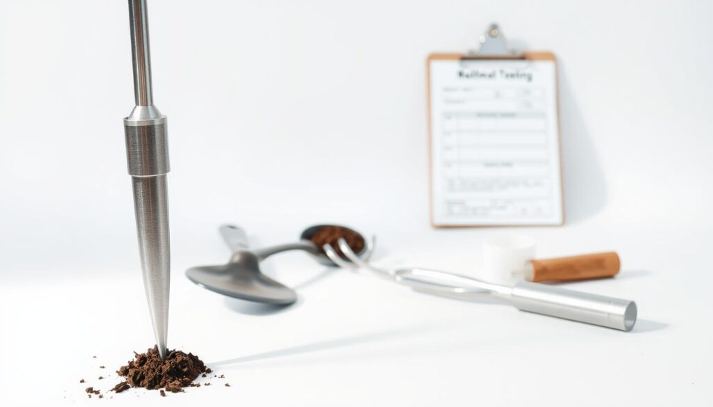 A collection of high-quality soil sampling tools on a clean, white background. In the foreground, a stainless steel soil probe, soil auger, and soil sampling tube stand upright, their metallic surfaces gleaming under soft, natural lighting. In the middle ground, a small trowel and a hand cultivator lie neatly arranged, ready for use. In the background, a few small soil sample containers and a clipboard with a soil testing form add a sense of purpose and organization to the scene. The overall mood is one of precision, professionalism, and the importance of proper soil sampling techniques for thriving gardens.