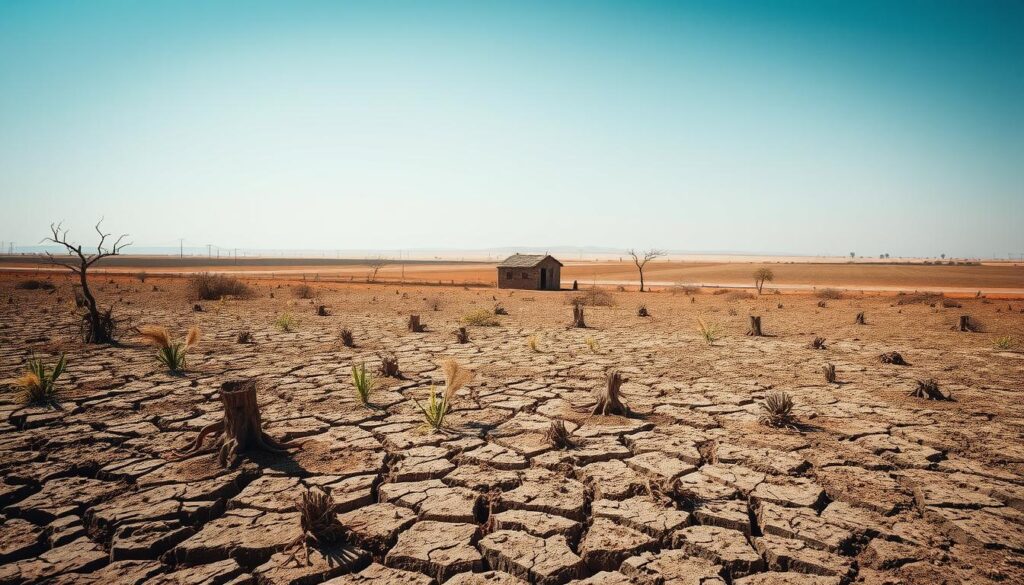 A desolate, arid landscape stretches out under a harsh, cloudless sky. In the foreground, a parched field lies cracked and barren, with withered crops and stunted plants struggling to survive. Scattered throughout, dead tree stumps and tufts of dry, brittle grass convey a sense of agricultural devastation. The middle ground reveals a small farmhouse, its windows boarded up and roof in disrepair, symbolizing the human toll of this environmental crisis. In the distant background, a hazy horizon hints at the encroaching desert, a testament to the relentless advance of soil degradation. The scene is illuminated by a harsh, unforgiving light, casting long shadows and emphasizing the overwhelming sense of vulnerability and despair.