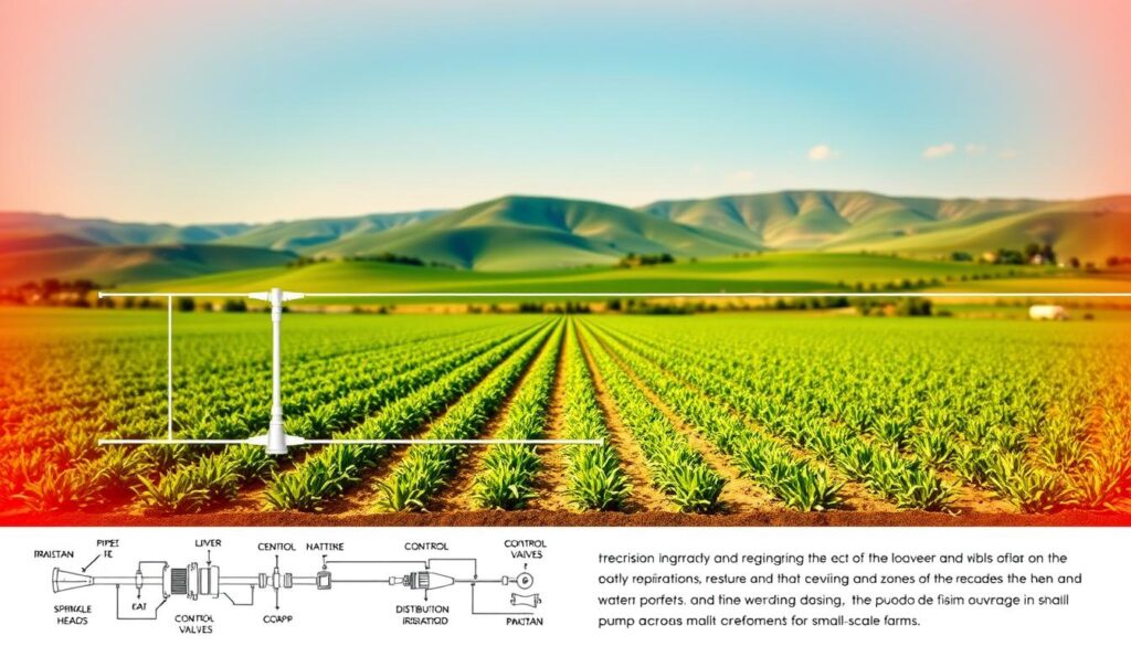 A detailed engineering diagram of a precision sprinkler irrigation system, designed for Pakistan's arid and semi-arid climate zones. The foreground shows a technical schematic with labeled components: sprinkler heads, distribution pipes, control valves, and a central pump station. The middle ground depicts the system's layout, with sprinklers strategically placed to ensure even water coverage across rows of crops. In the background, a lush green field stretches out, surrounded by rolling hills and a clear blue sky, conveying the system's effectiveness in maximizing crop yields for small-scale farms. The scene is illuminated by warm, directional lighting, captured from a low, three-quarter angle to emphasize the system's intricate engineering.