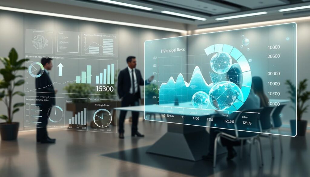 A detailed financial analysis of hydrogel adoption in agriculture, showcased in a professional business presentation style. The foreground features a holographic display with charts, graphs, and numerical data, projecting an aura of analytical depth. The middle ground depicts a team of agricultural experts in formal attire, engaged in a collaborative discussion around a sleek conference table. The background is a minimalist, tech-forward office setting with clean lines, muted colors, and subtle lighting to evoke a sense of modern, data-driven decision-making. The overall scene conveys the rigorous economic considerations underlying the adoption of hydrogel technology to improve soil moisture retention.
