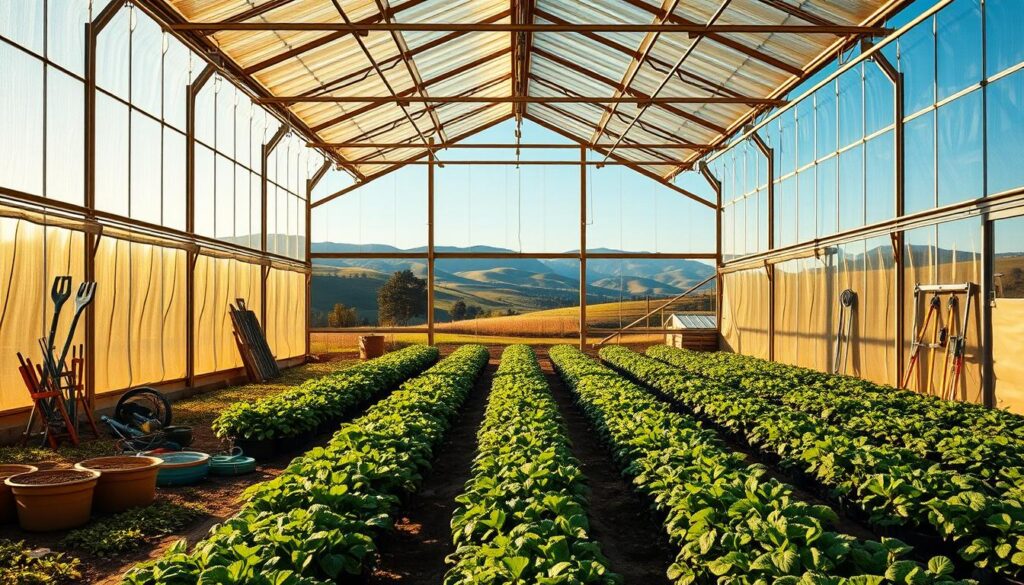 A large, modern greenhouse stands amidst a lush, verdant landscape. The structure's glass panels glisten in the warm, golden sunlight, casting a soft, diffused glow over the interior. In the foreground, various gardening tools and equipment are neatly arranged, hinting at the dedicated effort required to maintain this thriving agricultural operation. The middle ground showcases rows of healthy, thriving plants, their leaves and stems casting intricate shadows on the ground. In the background, rolling hills and a clear blue sky create a peaceful, idyllic setting, suggesting the harmony between nature and technology that defines successful greenhouse farming.