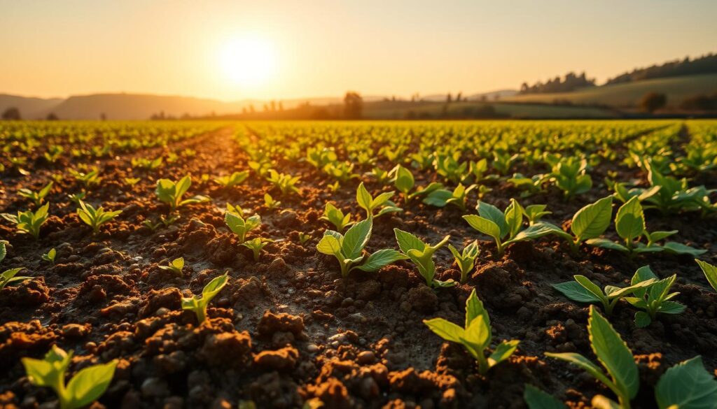 A lush, verdant field of hydrogel-enriched agricultural soil, its surface glistening with moisture under the warm, golden rays of the sun. In the foreground, intricate microscopic structures of the hydrogel granules are visible, showcasing their intricate design and water-retaining properties. The middle ground features healthy, thriving crops, their leaves and stems nourished by the hydrogel-enhanced soil. In the background, a rolling landscape of hills and trees, creating a picturesque, natural setting. The overall scene conveys a sense of harmony between technology and the natural world, highlighting the potential of hydrogel-based solutions to improve soil moisture retention and agricultural productivity.