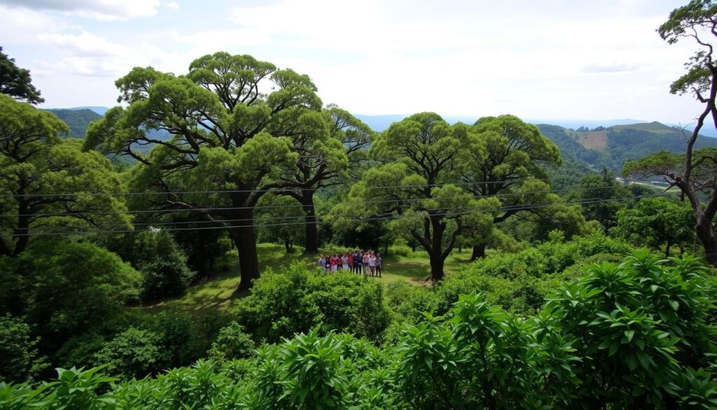 A lush, verdant forest in the foreground, sunlight filtering through the canopy of towering trees. In the middle ground, a group of people standing together, arms linked, forming a protective barrier around the ancient trees. The background features rolling hills and a cloudless sky, conveying a sense of tranquility and preservation. The scene is captured with a wide-angle lens, emphasizing the scale and grandeur of the natural environment. The overall mood is one of reverence, unity, and a steadfast commitment to safeguarding this vital ecosystem.