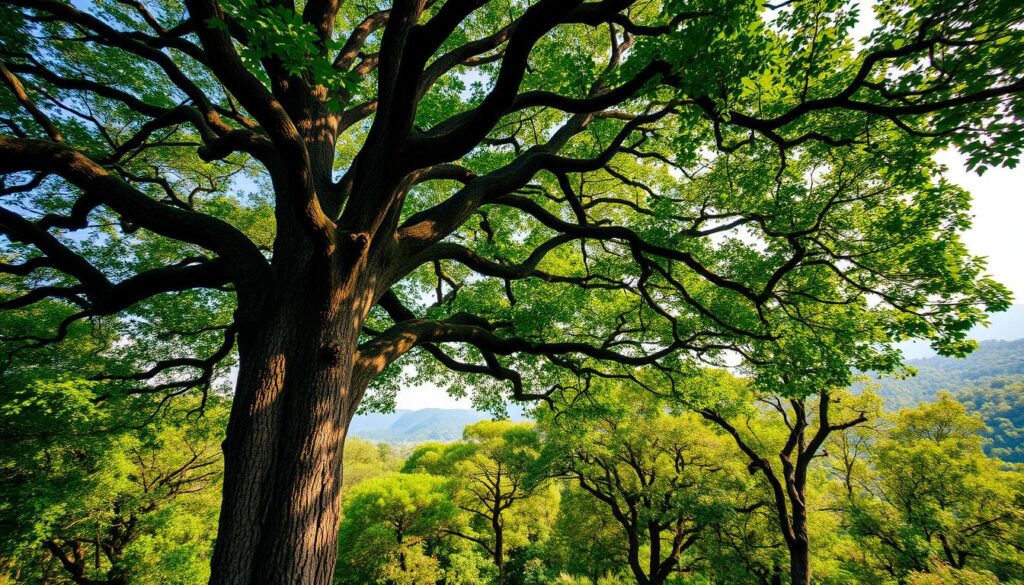 A lush, verdant forest of Pakistan's native trees, their branches reaching skyward, rich with vibrant green foliage. In the foreground, a towering, ancient oak tree stands tall, its thick trunk and sprawling canopy capturing the imagination. Sunlight filters through the leaves, casting a warm, golden glow over the scene. In the middle ground, other indigenous species like the majestic deodar cedar and the graceful chinar tree sway gently in a light breeze. The background is a tapestry of rolling hills and distant mountains, a testament to the natural beauty of this region. The overall impression is one of calm, tranquility, and the incredible carbon-capturing potential of these native trees, nature's silent heroes in the fight against climate change.