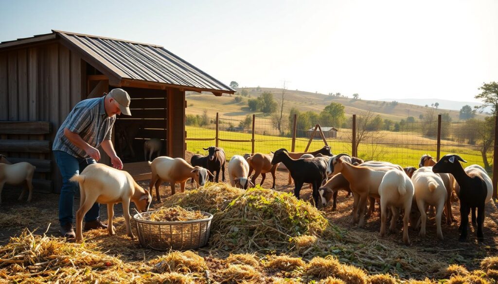 A pastoral scene of a small family farm, the sun's warm glow illuminating a well-tended goat enclosure. In the foreground, a farmer carefully scatters a mix of fresh hay, grains, and greens, attentively observing as a herd of healthy, well-groomed goats gather around, eagerly feeding. The middle ground features a simple, weathered wooden structure, its slanted roof casting gentle shadows across the scene. In the background, rolling hills dotted with trees create a serene, bucolic backdrop, hinting at the lush, fertile landscape that sustains this thriving goat operation. The overall mood is one of quiet contentment, showcasing the thoughtful, hands-on approach to goat feeding management that is central to successful, profitable goat farming. A pastoral scene of a small family farm, the sun's warm glow illuminating a well-tended goat enclosure. In the foreground, a farmer carefully scatters a mix of fresh hay, grains, and greens, attentively observing as a herd of healthy, well-groomed goats gather around, eagerly feeding. The middle ground features a simple, weathered wooden structure, its slanted roof casting gentle shadows across the scene. In the background, rolling hills dotted with trees create a serene, bucolic backdrop, hinting at the lush, fertile landscape that sustains this thriving goat operation. The overall mood is one of quiet contentment, showcasing the thoughtful, hands-on approach to goat feeding management that is central to successful, profitable goat farming.
