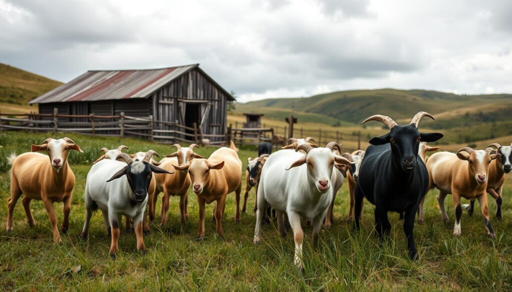 A pastoral scene of a small goat farm, with a weathered wooden barn and fencing in the middle ground. In the foreground, a herd of curious goats nibble on grass, their distinctive horns and playful antics capturing the challenges of herding and managing these lively animals. The background features rolling hills and a cloudy sky, suggesting the environmental factors that impact goat farming, such as weather, terrain, and available grazing land. The lighting is soft and natural, casting a warm, golden glow over the scene, evoking a sense of the pastoral lifestyle and the daily routines of goat farming. A pastoral scene of a small goat farm, with a weathered wooden barn and fencing in the middle ground. In the foreground, a herd of curious goats nibble on grass, their distinctive horns and playful antics capturing the challenges of herding and managing these lively animals. The background features rolling hills and a cloudy sky, suggesting the environmental factors that impact goat farming, such as weather, terrain, and available grazing land. The lighting is soft and natural, casting a warm, golden glow over the scene, evoking a sense of the pastoral lifestyle and the daily routines of goat farming.