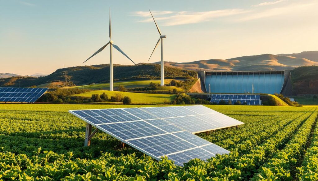 A picturesque landscape showcasing a harmonious blend of renewable energy systems, perfectly suited for a sustainable agricultural setting. In the foreground, a sleek solar panel array stands tall, capturing the sun's rays with precision. Surrounding it, lush green fields sway gently in the breeze, dotted with vibrant crops. In the middle ground, a modern wind turbine towers majestically, its blades gracefully turning to harness the power of the wind. In the distance, a glistening hydroelectric dam sits nestled among rolling hills, its turbines churning to provide clean, renewable electricity. The scene is bathed in warm, golden light, creating a serene and inviting atmosphere that embodies the economic benefits and financial considerations of renewable energy in agriculture.