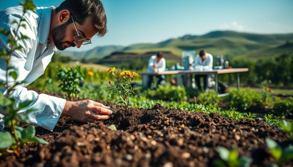 A professional soil testing scene in Pakistan, captured with a high-resolution DSLR camera and a 50mm lens. The foreground shows a soil scientist in a white lab coat carefully collecting a soil sample from a lush garden, using specialized tools and equipment. The middle ground showcases a team of technicians analyzing soil samples in a well-equipped laboratory, surrounded by scientific instruments and test tubes. In the background, a verdant landscape with rolling hills and a clear blue sky creates a serene and natural atmosphere, emphasizing the importance of soil health for thriving gardens.