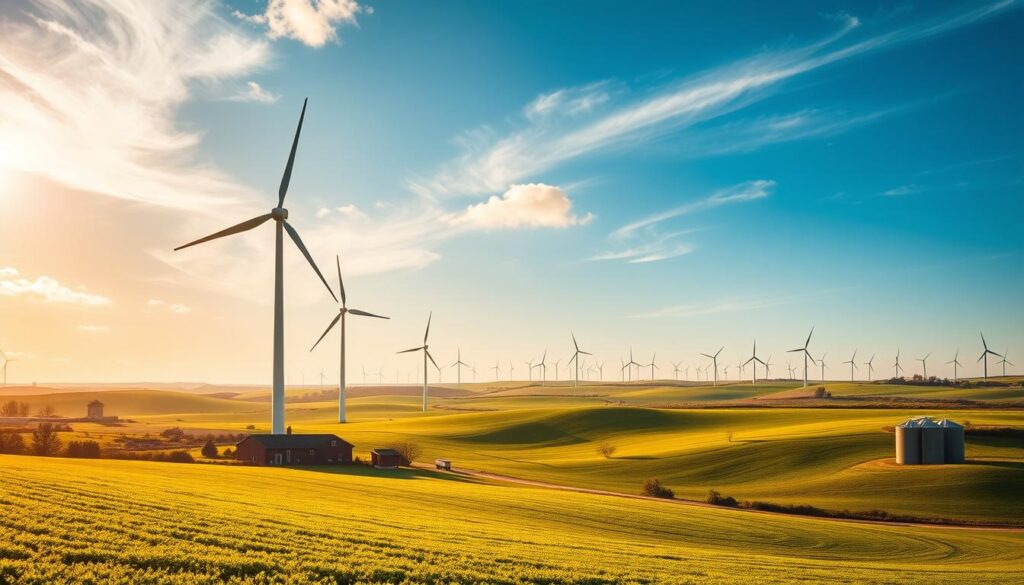 A sprawling pastoral landscape, with gentle rolling hills dotted with verdant croplands. In the foreground, towering wind turbines stand tall, their blades gracefully slicing through the air, harnessing the power of the wind. The turbines are flanked by farmhouses and silos, symbols of the integration of renewable energy and traditional agriculture. Warm, golden sunlight filters through wispy clouds, casting a serene glow over the scene. In the distance, a cluster of wind turbines dot the horizon, their sleek forms silhouetted against the azure sky. The overall impression is one of harmony and innovation, where clean, renewable energy seamlessly coexists with the timeless rhythms of farm life.