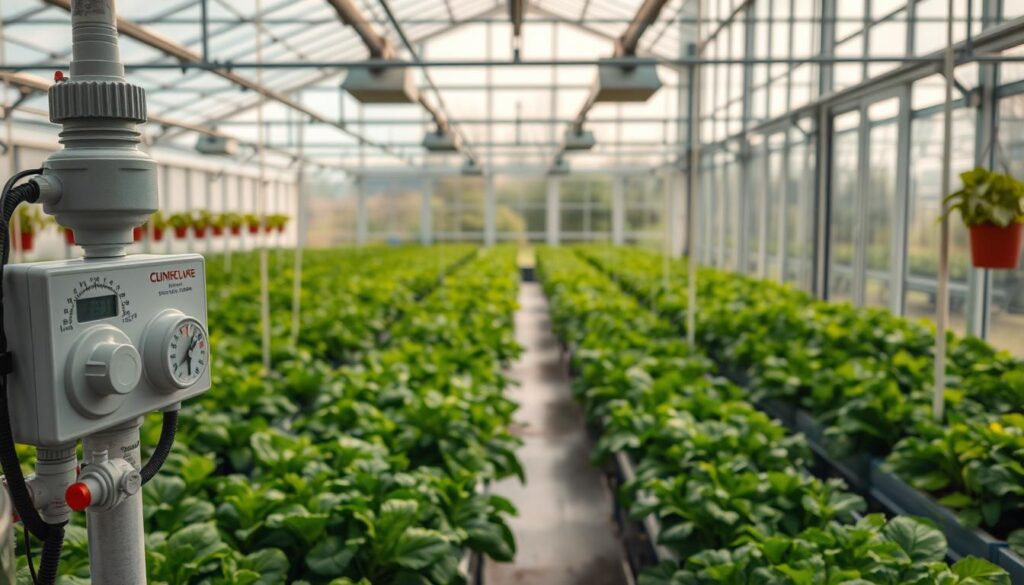 A well-lit greenhouse interior, with an array of climate control equipment in the foreground - thermostats, ventilation systems, and irrigation setups. In the middle ground, rows of lush, verdant plants and vegetables thrive under the precisely regulated temperature, humidity, and lighting. The background features large windows that flood the space with natural daylight, creating a serene and productive environment. The scene conveys a sense of scientific precision and environmental harmony, essential for successful greenhouse farming.